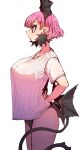  1girl arms_behind_back bat_wings black_panties black_tail black_wings bra_visible_through_clothes breasts earrings from_side highres jewelry large_breasts no_pants panties pink_eyes pink_hair pointy_ears pointy_nose raspberry_(yakunitatsu_node_chi_o_kudasai) shirt short_hair simple_background t-shirt tail underwear vampire white_background white_shirt wings yakunitatsu_node_chi_o_kudasai zyugoya 