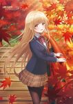  1girl autumn_leaves blazer blonde_hair bow bowtie brown_skirt collared_shirt copyright_name highres jacket leaf long_hair looking_at_viewer maple_leaf noguchi_takayuki official_art open_mouth otonari_no_tenshi-sama_ni_itsu_no_mani_ka_dame_ningen_ni_sarete_ita_ken pantyhose plaid plaid_skirt pleated_skirt red_bow red_bowtie school_uniform shiina_mahiru_(otonari_no_tenshi-sama) shirt skirt solo standing wind yellow_eyes 