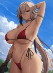  1girl alternate_costume arlecchino_(genshin_impact) arm_behind_head armpits bikini black_choker black_hair blue_sky breasts choker closed_mouth cloud commentary day genshin_impact grey_hair hair_between_eyes highres holding large_breasts long_hair looking_at_viewer multicolored_hair navel outdoors red_bikini red_eyes red_hair side-tie_bikini_bottom sky solo swimsuit thighs very_long_hair zaphn 