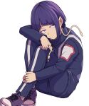  1girl ass audio_jack blue_eyes blue_hair blue_jacket blue_pants boku_no_hero_academia closed_mouth frown highres jacket jirou_kyouka kobaji long_earlobes looking_at_viewer pants shoes short_hair simple_background solo two-tone_pants u.a._gym_uniform white_background white_jacket white_pants 