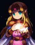 1girl black_background blonde_hair circlet commentary_request dress earrings green_eyes jewelry long_hair magic partial_commentary pink_dress pointy_ears princess_zelda shoulder_pads solo the_legend_of_zelda the_legend_of_zelda:_a_link_between_worlds triforce_earrings wrist_guards yanedx 