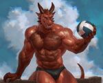  2023 abs anthro ball barazoku biceps big_muscles bulge claws clothed clothing cloud dated day deltoids detailed dragon fence hi_res holding_ball holding_object horn huge_muscles male manly muscular muscular_anthro muscular_male navel nipples non-mammal_nipples obliques open_mouth open_smile outside pecs scales scalie serratus signature sky smile solo speedo standing swimwear taran_fiddler teeth tongue topless topless_anthro topless_male vein veiny_muscles volleyball_(ball) wingless_dragon 