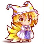  1girl animal_hat barefoot blonde_hair blue_tabard chibi dress fox_tail frilled_dress frills hat long_sleeves lowres mob_cap multiple_tails ryogo short_hair solo tabard tail touhou white_dress white_headwear wide_sleeves yakumo_ran yellow_eyes 