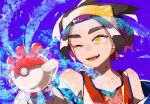  1boy :d bare_shoulders blue_background commentary_request gloves hairband hand_up highres holding holding_poke_ball jacket kieran_(pokemon) male_focus off_shoulder one_eye_closed open_mouth partially_fingerless_gloves poke_ball poke_ball_(basic) pokemon pokemon_(game) pokemon_sv potori3939 red_shirt shirt short_hair sleeveless sleeveless_shirt smile solo tank_top teeth tongue upper_body upper_teeth_only yellow_eyes yellow_hairband 