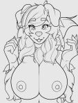  animated anthro big_breasts bouncing_breasts breasts canid canine canis claws cleavage clothed clothing domestic_dog female floppy_ears hair hi_res long_hair looking_at_viewer mammal navel nipples nude solo stagshack tail tail_motion tailwag tongue tongue_out waist_up 