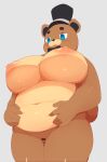  animatronic anthro areola bear big_breasts biped blue_eyes blush bow_tie breasts brown_body censor_bar clothing female five_nights_at_freddy&#039;s freddy_(fnaf) genitals hat headgear headwear hi_res machine mammal mostly_nude navel nipples pussy robot scottgames simple_background slightly_chubby solo thick_thighs umisag85rabb99 white_background 