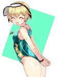  1girl :d absurdres alternate_costume arms_behind_back ass blonde_hair blush_stickers breasts closed_eyes ebora facing_to_the_side fate/grand_order fate_(series) from_side gareth_(fate) gareth_(swimsuit_saber)_(fate) green_background happy highres short_hair small_breasts smile solo two-tone_background visor_cap wet whistle whistle_around_neck white_background white_headwear 