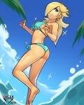  1girl absurdres alternate_costume artist_name ass barefoot bikini blonde_hair blue_eyes blue_sky breasts cleavage earrings foot_out_of_frame hair_over_one_eye highres jewelry long_hair mario_(series) open_mouth orlek_tg rosalina sideboob sky solo star_(symbol) star_earrings super_mario_galaxy swimsuit water 