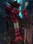  abs alley anthro athletic athletic_anthro athletic_male cyberpunk depression digital_media_(artwork) dragon grivik hi_res male night scalie smoking solo street 