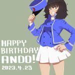  1girl absurdres andou_(girls_und_panzer) bc_freedom_(emblem) bc_freedom_military_uniform birthday black_hair blue_headwear blue_jacket blue_vest brown_eyes character_name commentary cowboy_shot dark-skinned_female dark_skin dated dress_shirt emblem english_text girls_und_panzer grey_background grin hand_on_own_hip happy_birthday hat hat_removed headwear_removed high_collar highres holding holding_clothes holding_hat jacket kepi long_sleeves looking_at_viewer medium_hair messy_hair military_hat military_uniform miniskirt oritako pleated_skirt shirt simple_background skirt smile solo standing uniform vest white_shirt white_skirt 