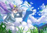  1girl altaria artist_name beak bird blue_sky breasts cloud day flower gloves goggles grass helmet long_hair long_sleeves medium_breasts on_grass open_mouth outdoors pants pokemon pokemon_(game) pokemon_oras purple_eyes purple_hair sitting sky very_long_hair watermark white_flower white_gloves wings winona_(pokemon) yamanashi_taiki 