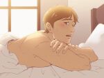  1boy bed blanket blush brown_eyes brown_hair commentary hanpetos lying male_focus moblit_berner nude on_stomach open_mouth pillow shingeki_no_kyojin solo sunlight sweatdrop under_covers window 