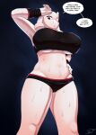  absurd_res bodily_fluids bovid bra breasts camel_toe caprine clothing dialogue english_text female fur goat hi_res humanoid looking_at_viewer mammal red_eyes solo speech_bubble sports_bra sportswear sweat sweatdrop talking_to_viewer text tohilewd toriel under_boob undertale_(series) underwear white_body white_fur 