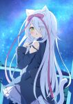  1girl animal_ears blush cat_ears cat_girl cat_tail commentary_request commission detached_sleeves dress hair_ribbon highres hoshizora_no_memoria long_hair looking_at_viewer looking_back mare_s._ephemeral night open_mouth outdoors ribbon skeb_commission sky solo star_(sky) starry_sky tail tyomimas variant_set white_hair yellow_eyes 