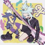  1girl black_footwear blue_eyes fingerless_gloves gloves highres holding holding_guitar holding_plectrum kneeling looking_at_viewer official_alternate_costume open_mouth plectrum pokemon pokemon_(creature) pokemon_(game) pokemon_masters_ex roxie_(pokemon) roxie_(sygna_suit)_(pokemon) saku^2_(sakujiro) single_thighhigh thighhighs topknot toxtricity toxtricity_(amped) v-shaped_eyebrows 