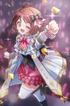  1girl 81_(mellowry) ;d antenna_hair blurry blurry_background blush boots bow bowtie brown_hair clenched_hands foreshortening glowstick hidaka_ai highres idol idolmaster idolmaster_dearly_stars knee_boots looking_at_viewer one_eye_closed pink_bow pink_bowtie pink_skirt short_hair skirt smile solo standing standing_on_one_leg thighhighs white_thighhighs wrist_cuffs 