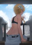  1girl absurdres ayul_(ayulneri_92) back bare_shoulders black_sports_bra blonde_hair blue_sky blush bottle breasts drinking flower genshin_impact hair_flower hair_ornament highres large_breasts lumine_(genshin_impact) medium_hair pants sidelocks sitting sky solo_focus sports_bra water_bottle white_pants yellow_eyes 