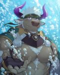  1boy air_bubble animal_ears armor bara bare_pectorals brown_fur bubble camouflage camouflage_headwear check_commentary chest_hair chest_harness commentary_request copyright_name cow_ears cow_horns detached_sleeves english_text facial_hair fingerless_gloves furry furry_male gloves goatee goshiki harness headband highres horns large_pectorals leaf looking_at_viewer male_focus minotaur mouth_hold muscular muscular_male official_alternate_costume open_hand pectorals purple_eyes purple_horns reaching reaching_towards_viewer shennong_(housamo) shennong_(summer)_(housamo) short_hair solo stalk_in_mouth submerged tokyo_afterschool_summoners upper_body white_hair yin_yang yin_yang_print 