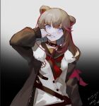  1girl animal_ears arknights bear_ears blue_eyes blush brown_collar brown_hair brown_jacket brown_shirt collar dated earbuds earphones fur-trimmed_jacket fur_trim gradient_background grey_background headphones_for_animal_ears highres jacket lip_pull long_hair long_sleeves looking_at_viewer multicolored_hair neckerchief open_clothes open_jacket red_hair red_neckerchief school_uniform shirt signature simple_background solo streaked_hair sweater_vest teeth white_sweater_vest zima_(arknights) zzq 