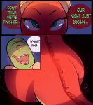  absurd_res anon anthro big_butt bodily_fluids butt comic dialogue dragon duo female hi_res human male mammal red_(sluggabed) sluggabed sweat 