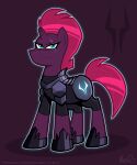  2019 armor broken_horn clothing digital_media_(artwork) equid equine eye_scar eyelashes facial_scar female feral footwear friendship_is_magic green_eyes hair hasbro hi_res horn looking_at_viewer mammal mohawk my_little_pony my_little_pony:_the_movie_(2017) pink_hair pink_tail purple_background purple_body scar shoes simple_background solo tail tempest_shadow_(mlp) the-irken-moonwalker unicorn 