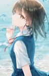  1girl beach blush bow brown_eyes brown_hair bubble bubble_blowing hair_between_eyes hiten_(hitenkei) looking_at_viewer looking_back original school_uniform shirt short_hair short_sleeves skirt water white_shirt 