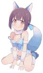  1girl animal_ears blue_hair blue_panties blush breasts brown_hair closed_mouth fox_ears fox_girl fox_tail full_body hazuki_mashiro highres hozuki_momiji kneeling looking_at_viewer multicolored_hair navel negligee onii-chan_wa_oshimai! panties red_eyes simple_background small_breasts smile solo tail underwear white_background 