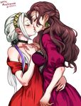  2girls black_choker breasts brown_hair choker closed_mouth dorothea_arnault dress edelgard_von_hresvelg fire fire_emblem fire_emblem:_three_houses fire_emblem_warriors:_three_hopes hand_on_own_chest kiss long_hair low_ponytail medium_breasts mina_cream multiple_girls red_dress white_background white_hair 