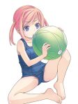  1girl absurdres ball barefoot beachball blowing blue_eyes child female_child highres inflating old_school_swimsuit one-piece_swimsuit original pink_hair ponytail pop_(electromagneticwave) school_swimsuit short_hair short_ponytail sidelocks simple_background sitting solo spread_legs swimsuit white_background 