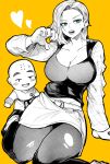  1boy 1girl absurdres android_18 belt blue_eyes breasts cleavage collarbone dragon_ball earrings greyscale_with_colored_background heart highres jewelry kuririn large_breasts looking_at_viewer monochrome open_mouth shorts sitting striped_sleeves teeth yellow_background yotsumi_shiro 