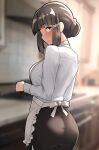  1girl apron ass black_hair black_skirt braid braided_bun brown_eyes furaggu_(frag_0416) hair_bun hair_ornament hairclip highres kantai_collection kitchen long_hair long_sleeves military_uniform myoukou_(kancolle) myoukou_kai_ni_(kancolle) pantyhose single_hair_bun skirt smile solo uniform 