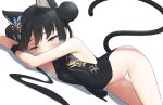  1girl absurdres animal_ear_fluff animal_ears arcbun bare_arms black_dress black_hair blue_archive blush butterfly_hair_ornament cat_ears cat_tail china_dress chinese_clothes double_bun dragon_print dress grey_eyes hair_bun hair_ornament highres kisaki_(blue_archive) long_hair looking_at_viewer lying no_panties on_side simple_background solo sweat tail twintails white_background 