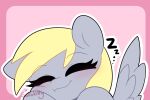  blonde_hair blush derpy_hooves_(mlp) eyebrow_through_hair eyebrows eyelashes eyes_closed feathered_wings feathers female feral friendship_is_magic grey_body grey_feathers hair hasbro hi_res my_little_pony pink_background sakukitty signature simple_background sleeping smile solo sound_effects translucent translucent_hair vowelless vowelless_sound_effect wings zzz 