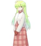  1girl ahoge alternate_costume commentary_request cowboy_shot dress gloves green_eyes green_hair hair_over_one_eye jacket kazami_yuuka kazami_yuuka_(pc-98) long_hair long_sleeves plaid plaid_dress red_dress s-a-murai smile solo touhou white_jacket 