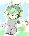  anthro big_breasts blonde_highlights breasts clothed clothing dipstick_tail eyelashes fan_character female fur gloves green_body green_clothing green_fur green_gloves green_handwear grey_bodysuit handwear headphones highlights_(coloring) looking_at_viewer markings mawstrife sega smile solo sonic_the_hedgehog_(series) tail tail_markings tan_body tan_fur thick_thighs white_clothing white_gloves white_handwear wide_hips yellow_body yellow_eyes yellow_fur 