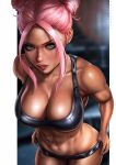  1girl abs artist_name black_nails black_sports_bra blurry blurry_background breasts bubble_(dandon_fuga) collarbone dandon_fuga dark-skinned_female dark_skin double_bun earrings grey_hair hair_bun jewelry large_breasts muscular muscular_female navel original pink_hair scar scar_on_face scar_on_nose short_hair solo sports_bikini sports_bra tongue 