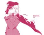  1girl adjusting_clothes adjusting_headwear aohitsugi_nemu belt cape character_name closed_mouth cowboy_shot gloves hair_between_eyes hat highres hypnosis_mic kashikaze long_sleeves military_hat military_uniform monochrome peaked_cap screentones short_hair simple_background solo uniform 