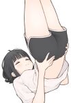  1girl 1ssakawaguchi ass black_hair black_shorts blunt_bangs blush breasts closed_eyes closed_mouth clothes_lift facing_up grey_shirt hands_on_own_hips highres legs_up medium_breasts original shirt shirt_lift short_hair shorts solo 