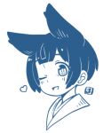  1girl :d animal_ears bob_cut close-up fox_ears fox_girl heart kukuri_(mawaru) looking_at_viewer mawaru_(mawaru) monochrome one_eye_closed open_mouth original short_hair simple_background smile white_background 