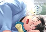  1boy artist_name bara belly facial_hair glasses grey_hair komazo_(komanokura) labcoat lying male_focus mature_male merchandise neroli_(pokemon) on_side open_mouth pilow plump pokemon_sleep round_eyewear short_hair sleep_mask sleeping snorlax solo stubble sunlight thick_eyebrows upper_body zzz 