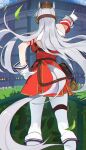  1girl absurdres animal_ears brown_headwear commentary english_commentary from_behind gloves gold_ship_(umamusume) grey_hair hand_on_own_hip highres horse_ears horse_girl horse_tail jenshenya long_hair outdoors pillbox_hat solo standing tail umamusume white_gloves 