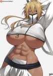  1girl abs arrancar batako_(batakoart) bleach blonde_hair blue_eyes breasts dark-skinned_female dark_skin facial_mark green_eyes hair_between_eyes highres huge_breasts large_breasts long_hair looking_at_viewer navel nipples revealing_clothes short_hair solo sword tattoo tier_harribel underboob weapon 