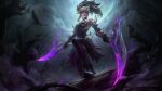  1girl absurdres akali animal bare_shoulders bare_tree bird black_gloves blonde_hair breasts cloud cloudy_sky coven_akali crow dagger elbow_gloves from_below gloves glowing glowing_eyes highres holding holding_dagger holding_knife holding_scythe holding_weapon knife league_of_legends long_hair looking_down medium_breasts moon multicolored_hair night official_alternate_costume official_art outdoors pink_eyes ponytail scythe shoes sky tree two-tone_hair weapon white_hair 