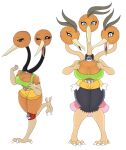  &lt;3 &lt;3_eyes 2_heads 3_heads anthro beak belt big_breasts black_eyes blue_eyes bottomwear breasts brown_body brown_hair clothing collar dodrio doduo duo female generation_1_pokemon hair hi_res legwear multi_head nintendo pokeball pokemon pokemon_(species) shirt shorts simple_background topwear urusee584 white_background 