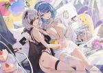  2girls animal ass azur_lane babydoll balloon bare_arms bare_shoulders bird blue_eyes blue_hair breasts cake cake_slice cellphone chapayev_(azur_lane) choker cleavage commentary_request company_connection company_name covered_navel doughnut eyepatch fingernails food hair_ornament hairband heart holding kuybyshev_(azur_lane) large_breasts lipstick logo looking_at_viewer makeup manjuu_(azur_lane) mole mole_on_breast multiple_girls nail_polish official_art panties phone pillow red_eyes see-through serie_niai short_hair simple_background smile sparkle thigh_strap thighs underwear white_hair 
