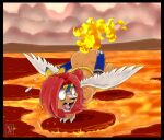  anthro bent_over big_butt bodily_fluids burning butt butt_on_fire detailed_background digital_media_(artwork) feathered_wings feathers felid fire hand_on_butt hi_res iranian_mythology lava legendz leon_the_manticore lion male mammal manticore middle_eastern_mythology mythology open_mouth pain pantherine pequedark-velvet solo sweat sweatdrop wings 
