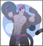  abs absurd_res anthro barazoku biceps confident felid flexing grey_body hair hi_res male mammal muscular muscular_anthro muscular_male nipples pantherine pecs pubes purple_hair shark-blade smile snow_leopard solo stare 