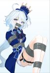  1girl ascot blue_ascot blue_coat blue_eyes blue_hair bound coat furina_(genshin_impact) gag gagged genshin_impact hair_between_eyes highres improvised_gag long_hair looking_at_viewer raftetram restrained solo tape tape_bondage tape_gag 