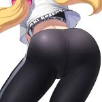  1girl absurdres aki_rosenthal ass blonde_hair character_name close-up commentary highres hololive khoaphan96 long_hair official_alternate_costume simple_background skin_tight solo symbol-only_commentary virtual_youtuber white_background 