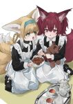  2girls alternate_costume animal_ears apron arknights black_collar black_dress black_footwear blonde_hair braid braided_hair_rings collar collared_dress commentary cookie cup dress enmaided food fox_ears fox_girl fox_tail frilled_apron frills green_eyes hair_between_eyes hair_rings highres holding holding_plate holding_stuffed_toy infection_monitor_(arknights) kitsune kyuubi long_sleeves maid maid_apron mary_janes morte_(arknights) multicolored_hair multiple_girls multiple_tails open_mouth parted_lips plate purple_eyes purple_hair shamare_(arknights) shoes short_hair sitting stuffed_toy stuffed_wolf suzuran_(arknights) tail tea teacup teapot twintails two-tone_hair waichi wariza white_apron white_hair 